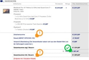 MacBook Pro 15 Zoll in der Bestellübersicht